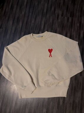 Ami Paris Cream Crewneck Sweatshirt with Red Heart A Embroidery